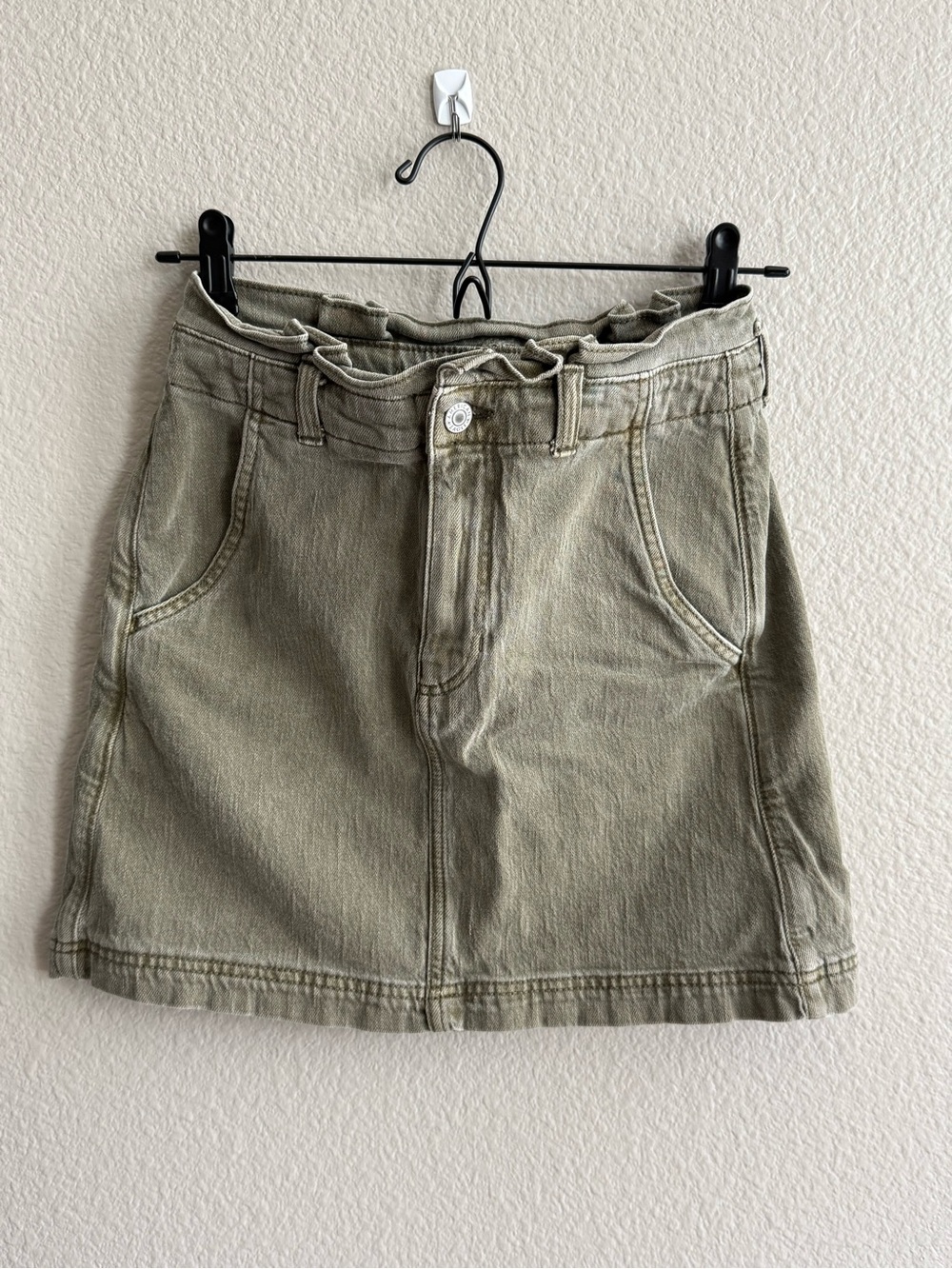 American Eagle Outfitters Olive Green Ruffled Waist Denim Mini Skirt